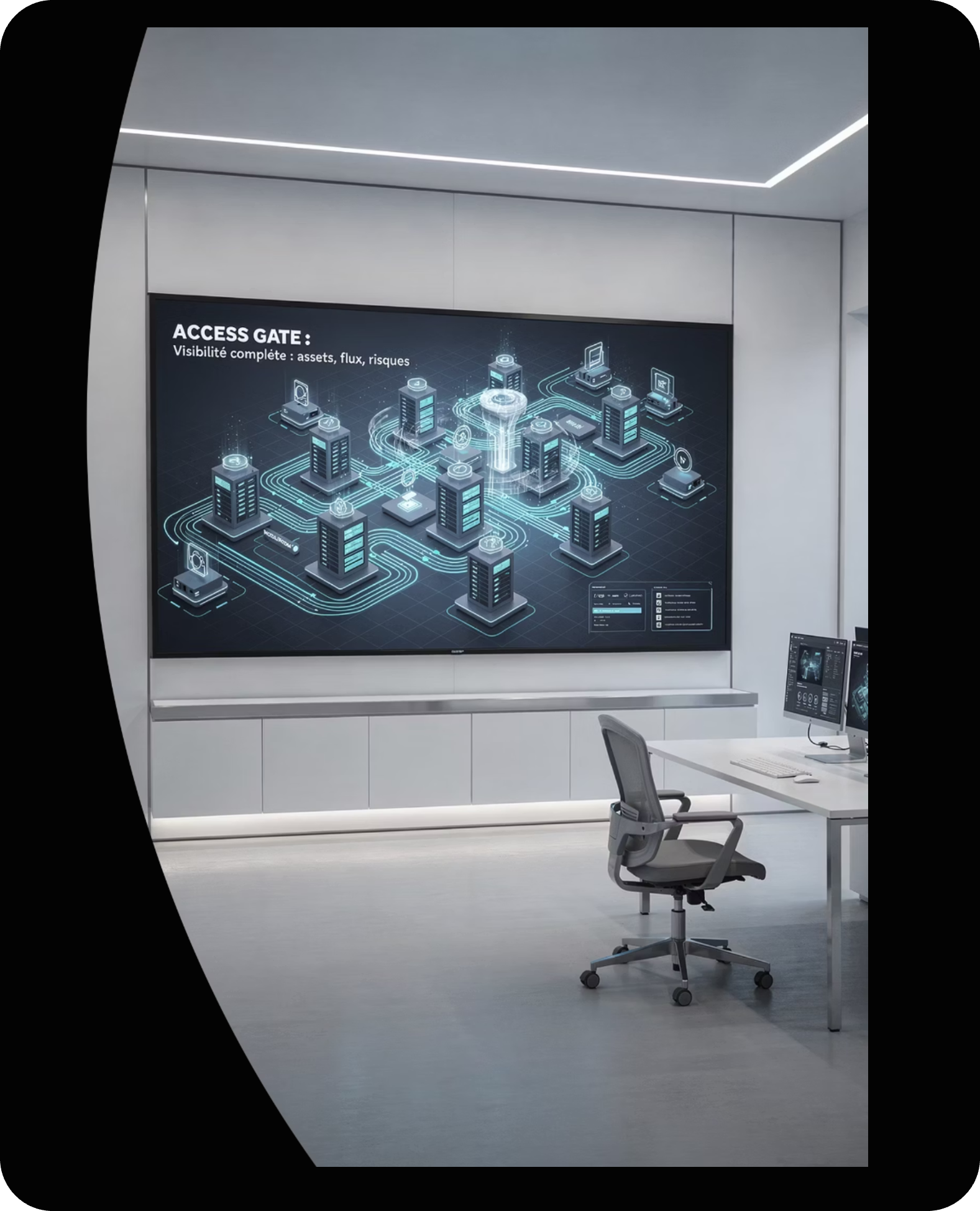 Salle de contrôle avec écran affichant un réseau de serveurs et de données.