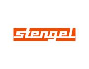 Logo Stengel blanc sur un rectangle orange vif.